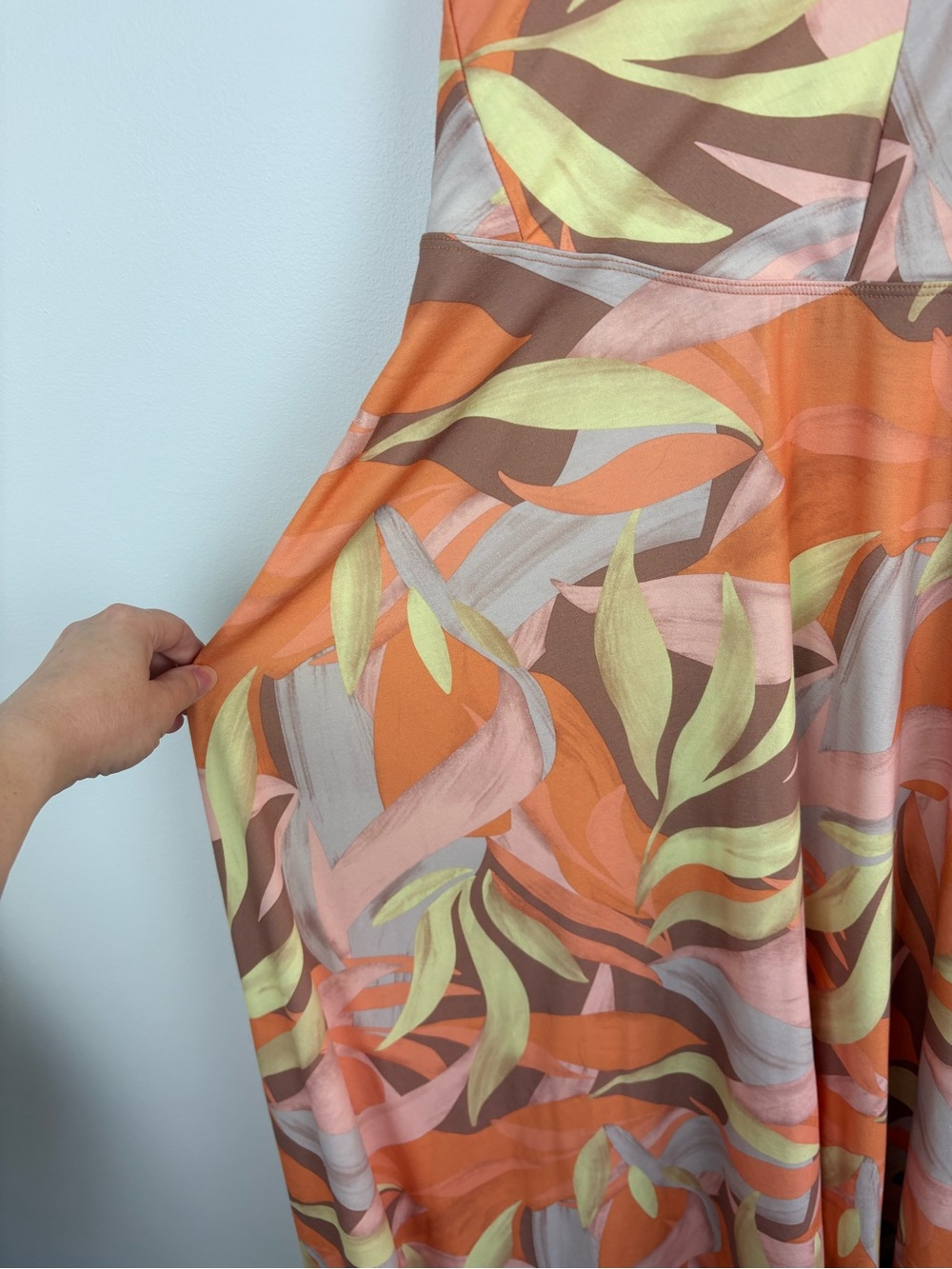 PrAna Saxon Dress XL Orange Leaf Print Asymmetrical Midi EUC Tropical Coastal - Picture 6 of 12